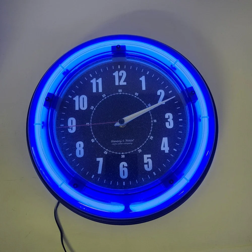 Sterling & Noble Blue Neon Wall Clock Retro Black Dial  11.5 Inch